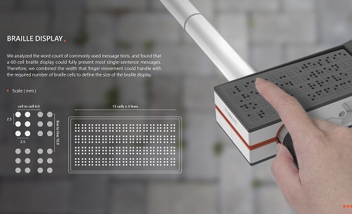 北科大工設系學生設計「Touchable Message可觸摸訊息」，將點字板夾上白手杖，單根手指就能觸摸閱讀。