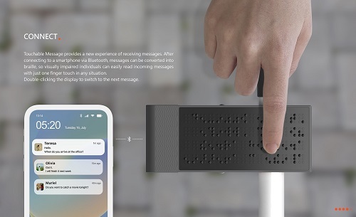北科大工設系學生設計「Touchable Message可觸摸訊息」，將手機訊息轉換為視障朋友方便閱讀的盲文。