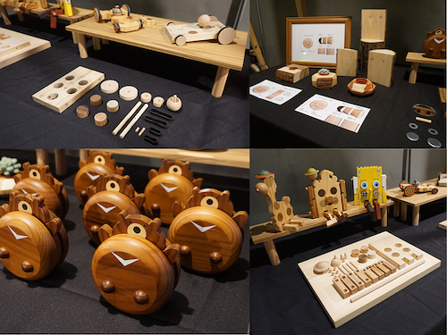 豐園北科大木創中心今年三款教案設計分別為《彈力車》（左上）、《搖搖台灣特有種》（左下）、《木材解剖學》（右上）。右下為今年進班所使用之2023年開發教材《跳舞吧！人偶》。圖片